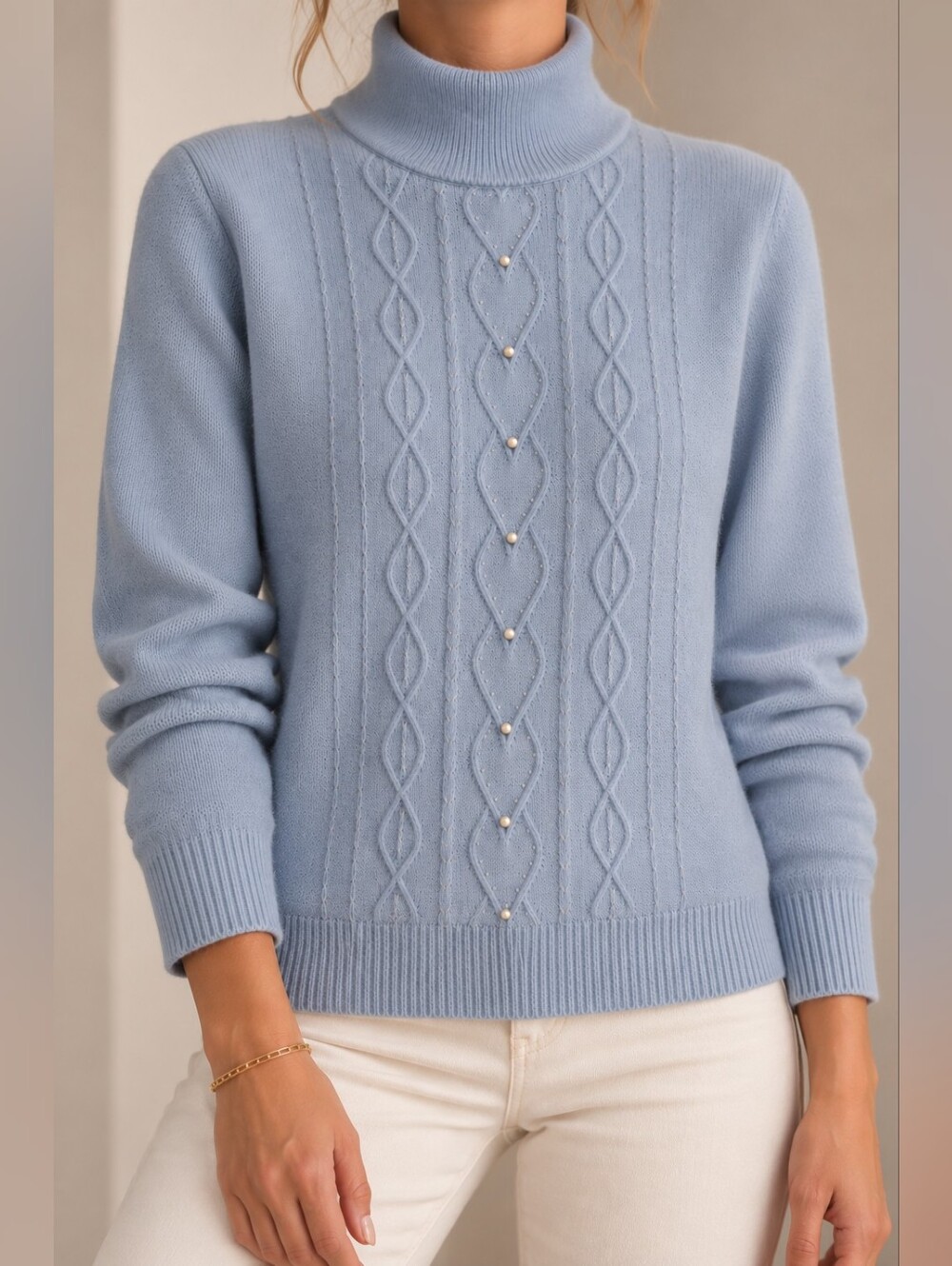 Tradition Baby Blue Cable Knit Beaded Turtleneck Sweater Size Small